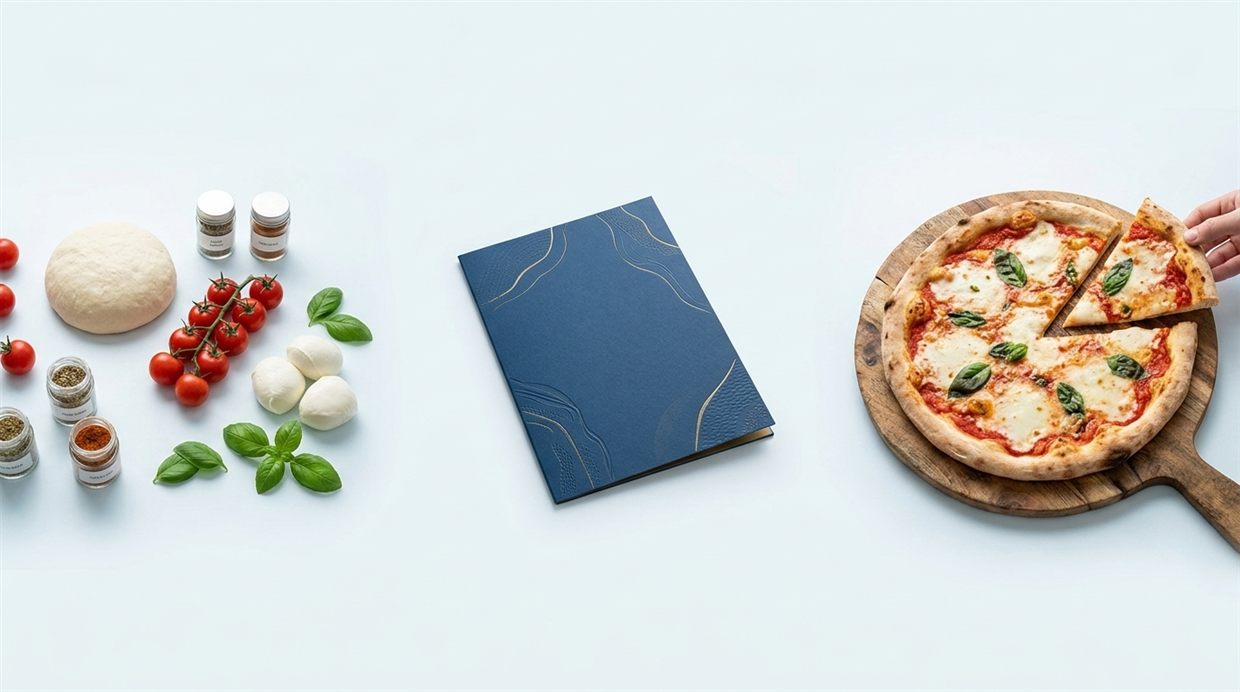 La analogía de la pizza: a la izquierda los ingredientes sueltos que representan la API, al centro el menú azul del restaurante que representa el MCP y a la derecha la pizza servida que representa lo que el agente de IA logra
