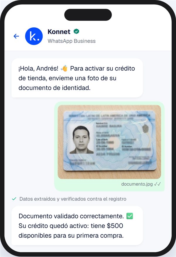 Chat real de Konnet Flow en WhatsApp validando el documento de identidad de un cliente y activando su crédito