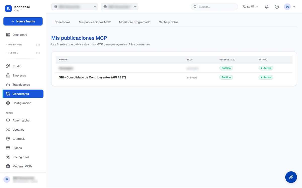 Pantalla Mis publicaciones MCP de Konnet: fuentes publicadas para que agentes de IA las consuman, activas y con visibilidad controlada