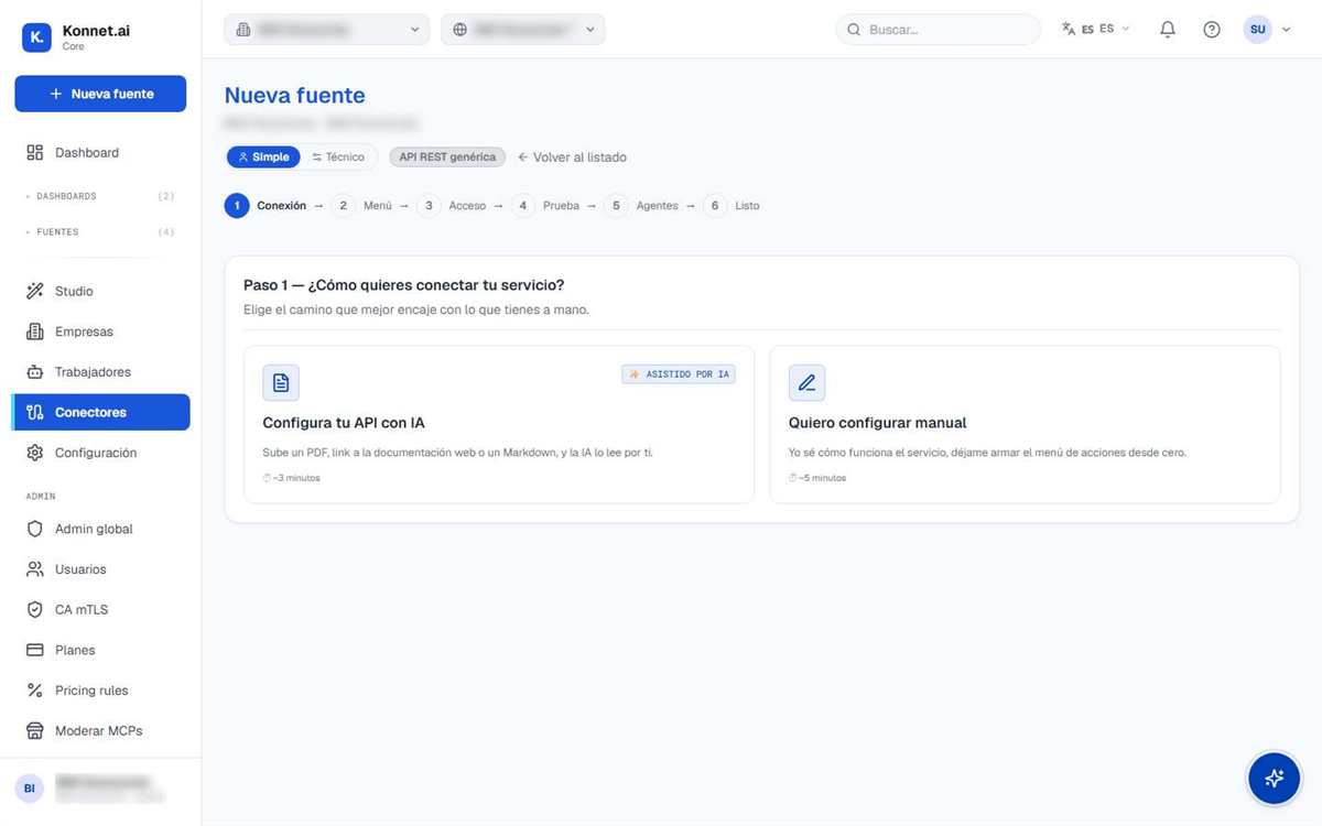 Asistente de Konnet Core: paso Conexión con la opción Configura tu API con IA subiendo la documentación